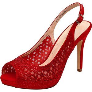 ⭐ Women's High Heels Red Suede Rhinestones Peep Toe Pumps Shoes